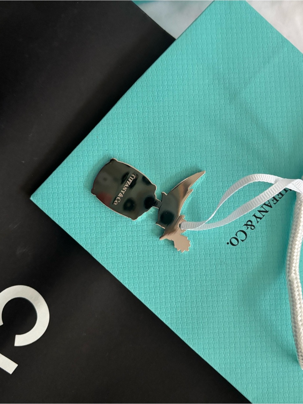 Tiffany & Co. Silver Bird and Tag on Robin's Egg Blue Bag
